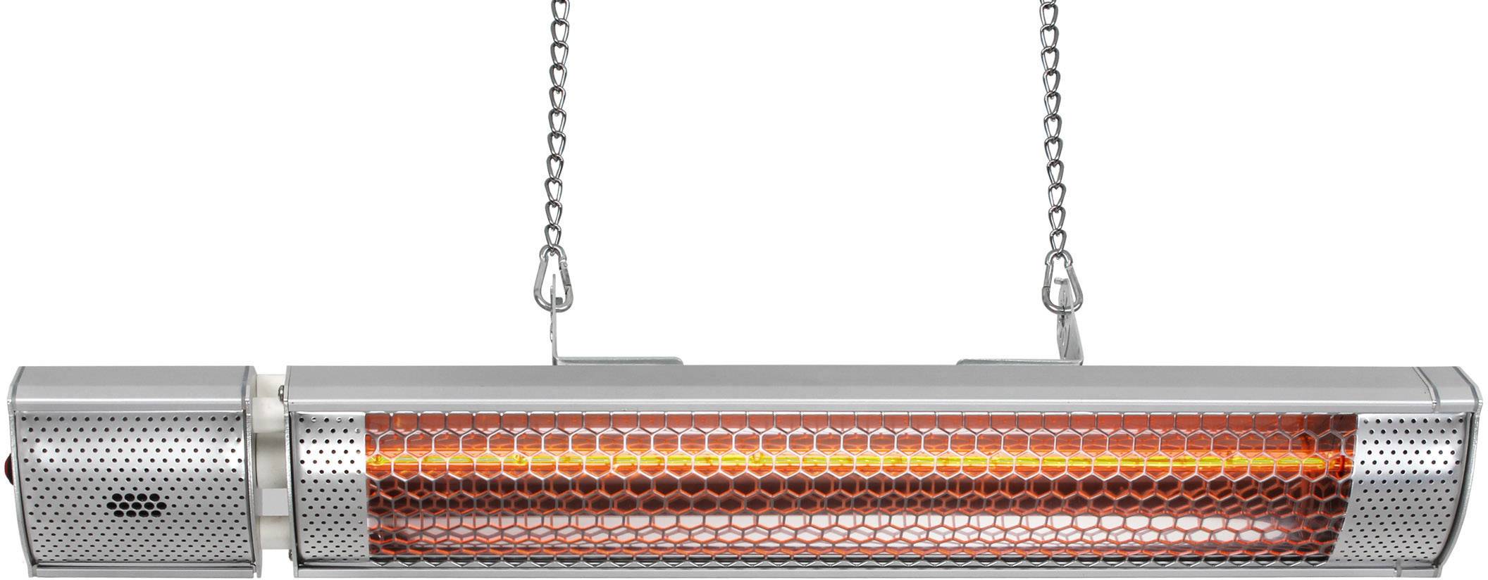 Radiateur infrarouge suspendu en argent, avec un élément lumineux orange, fixé par deux chaînes.