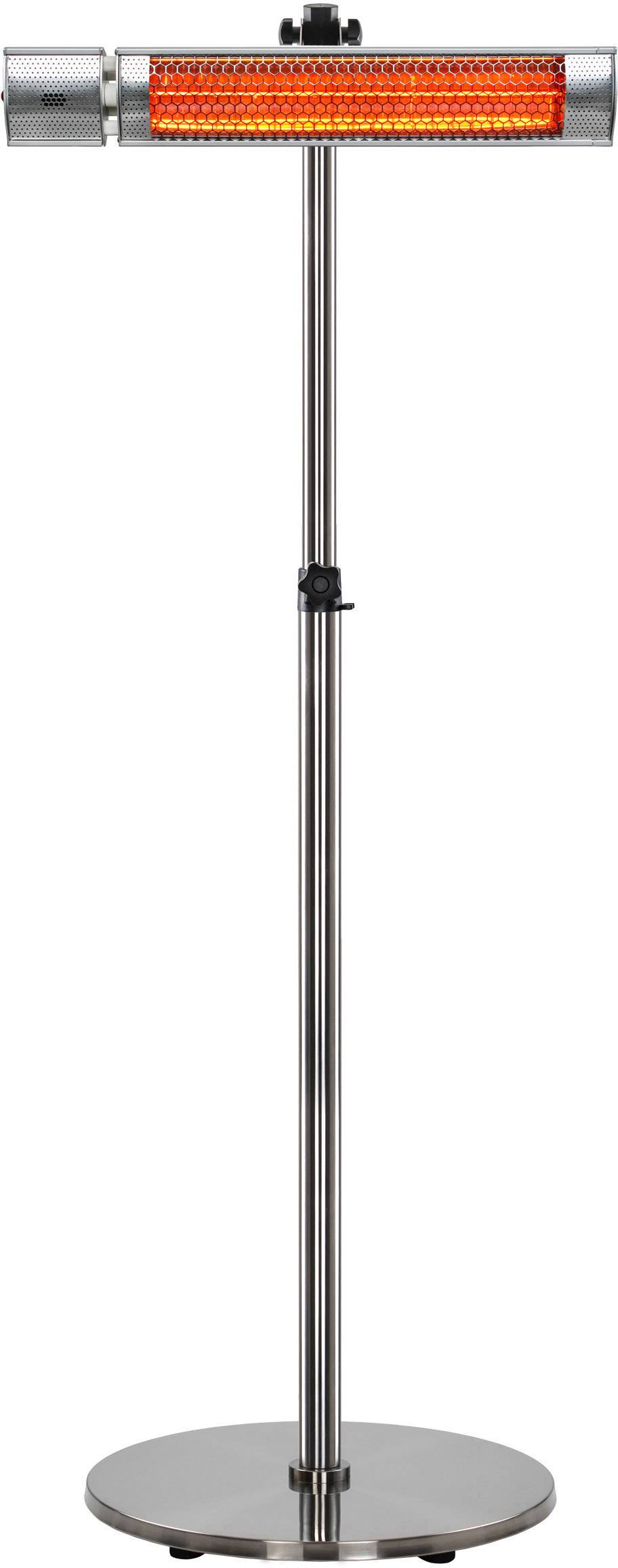 Un radiateur chauffant vertical avec un élément chauffant rouge sur un support argenté. Adapté pour une utilisation en intérieur ou en extérieur.