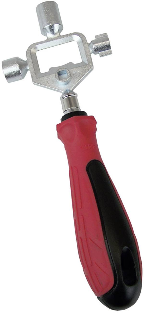 Un outil métallique avec une poignée rouge et quatre douilles différentes, adapté pour serrer ou desserrer des écrous et des vis.