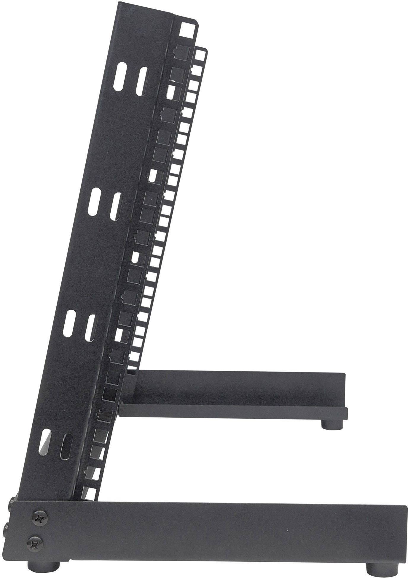 Un étagère métallique noire de profil, adaptée au montage d'appareils électroniques, avec plusieurs trous de fixation et un support stable.