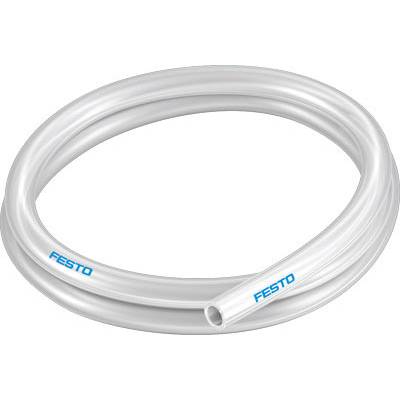 Un tuyau en plastique blanc formant une boucle lâche, avec le logo bleu de 'Festo' visible à plusieurs endroits sur le tuyau.