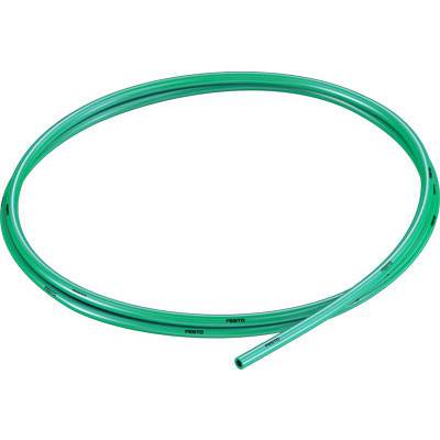 Un tuyau vert, de forme ovale, repose sur un fond blanc.