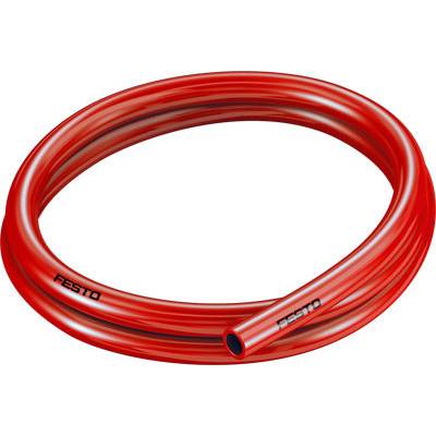 Tuyau pneumatique rouge avec texte noir 'FESTO', enroulé. Utilisé dans les systèmes d'automatisation et de contrôle.