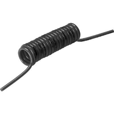 Gaine spiralée noire en matériau flexible, enroulée de manière serrée avec deux extrémités ouvertes. Utilisée dans des applications électriques ou industrielles.