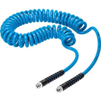Un tuyau pneumatique spiralé bleu avec des extrémités noires, adapté aux applications d'air comprimé, permettant une connexion flexible entre différents équipements.