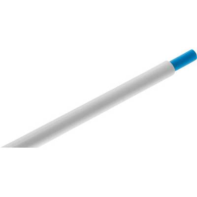 Un stylo blanc avec un embout bleu, disposé en diagonale, avec l'embout bleu pointant vers le haut à droite.