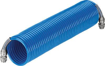 Tuyau spiralé bleu flexible avec raccords métalliques aux deux extrémités, adapté aux applications pneumatiques.