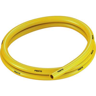 Tuyau jaune portant l'inscription 'Festo', courbé en cercle. Adapté aux applications industrielles, telles que les systèmes pneumatiques.