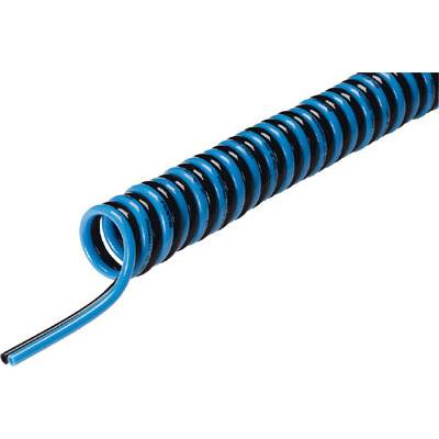 Tube spiralé bleu en plastique, enroulé, démontrant flexibilité et compacité. Adapté à diverses applications.