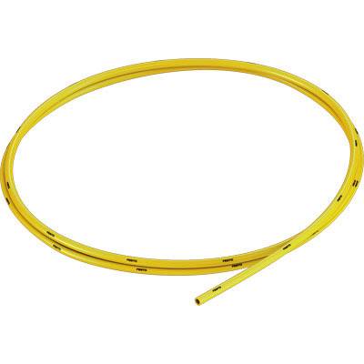 Un tuyau flexible en plastique jaune formé en anneau, utilisé pour les conduites de gaz ou d'autres applications.