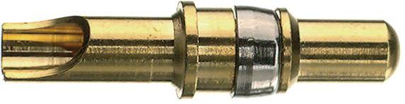 Un connecteur cylindrique doré, probablement un contact électrique, avec une structure annulaire au centre.