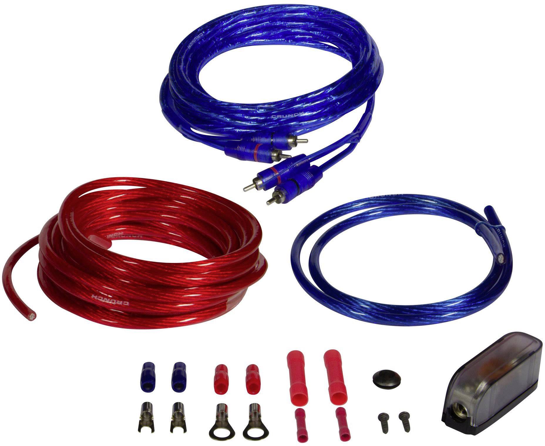 Un ensemble de câbles audio bleus et rouges, de connecteurs et d'un fusible, adapté pour la connexion d'amplificateurs audio dans une voiture.