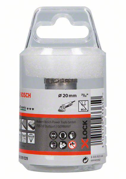 Emballage d'un adaptateur de scie cloche diamant Bosch. Présente la marque, le nom du produit, les dimensions de 20 mm, et les détails d'utilisation et de montage.