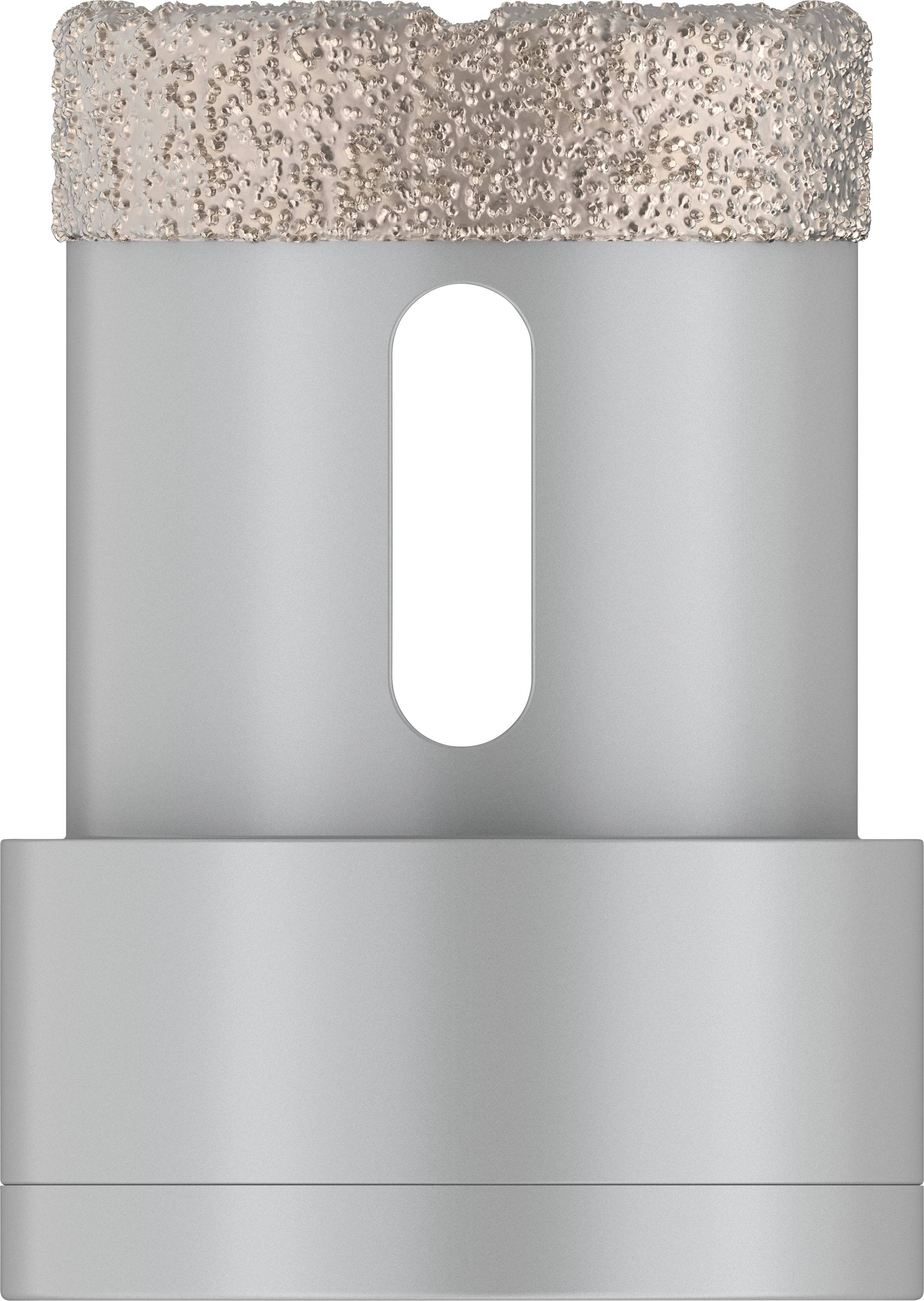 Foret en métal gris avec pointe revêtue de diamant, de forme cylindrique, adapté pour percer des matériaux durs tels que les carrelages ou le verre.
