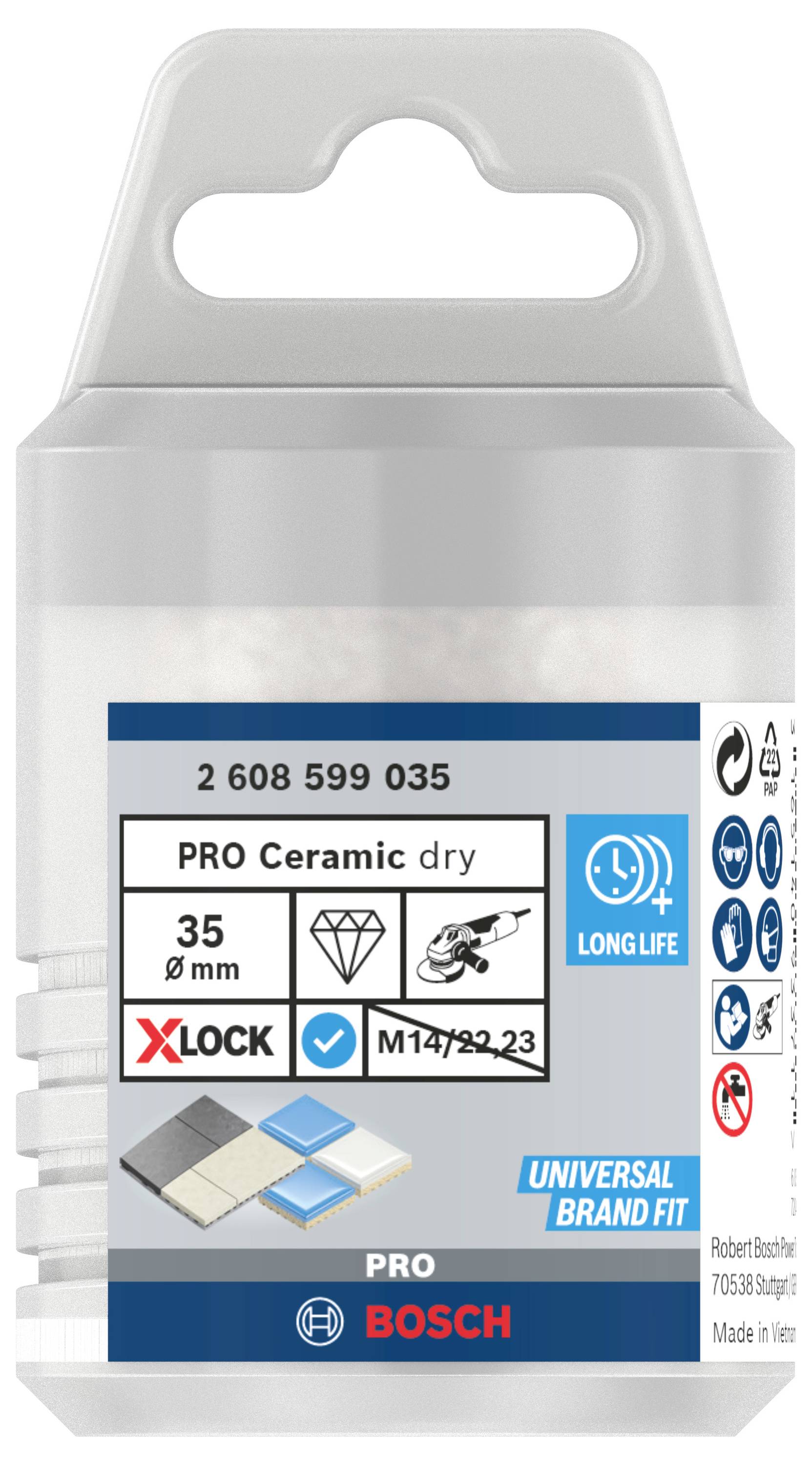 Emballage avec un disque de tronçonnage céramique Bosch de 35 mm de diamètre. Pour systèmes X-Lock, adapté au travail des carrelages.