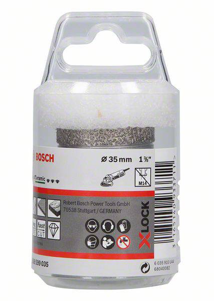 Un accessoire de meulage Bosch de 35 mm de diamètre, adapté pour le travail de la céramique. Contient des logos d'outils compatibles et des instructions d'utilisation.