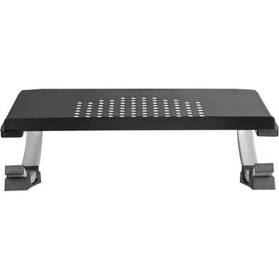 Support de moniteur noir à surface aérée et pieds argentés pour surélever l'écran sur un bureau.
