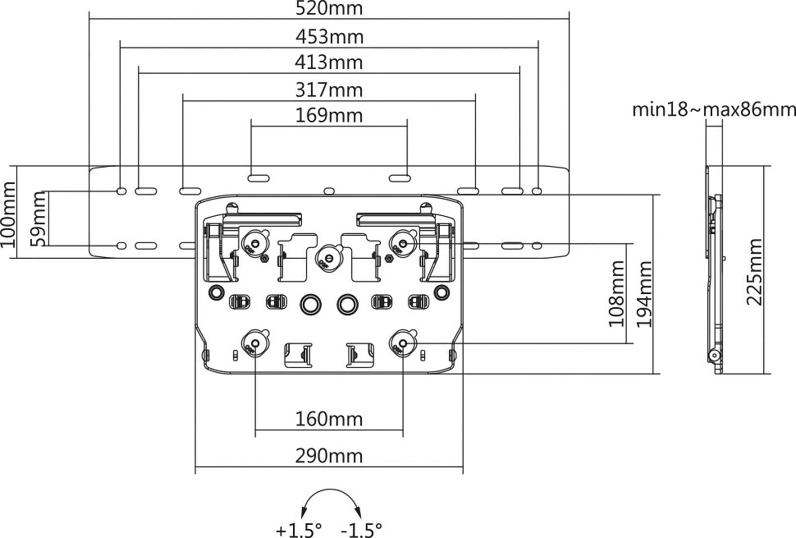 Dessin technique d'un support mural pour téléviseur. Indique les dimensions : largeur 520 mm, hauteur 290 mm, inclinaison 1,5 degrés.