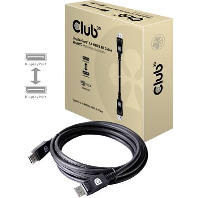 'Câble DisplayPort 1.4 Club3D, longueur 3m, prenant en charge HBR3, 8K 60Hz, certifié VESA. Image du câble et de son emballage.'