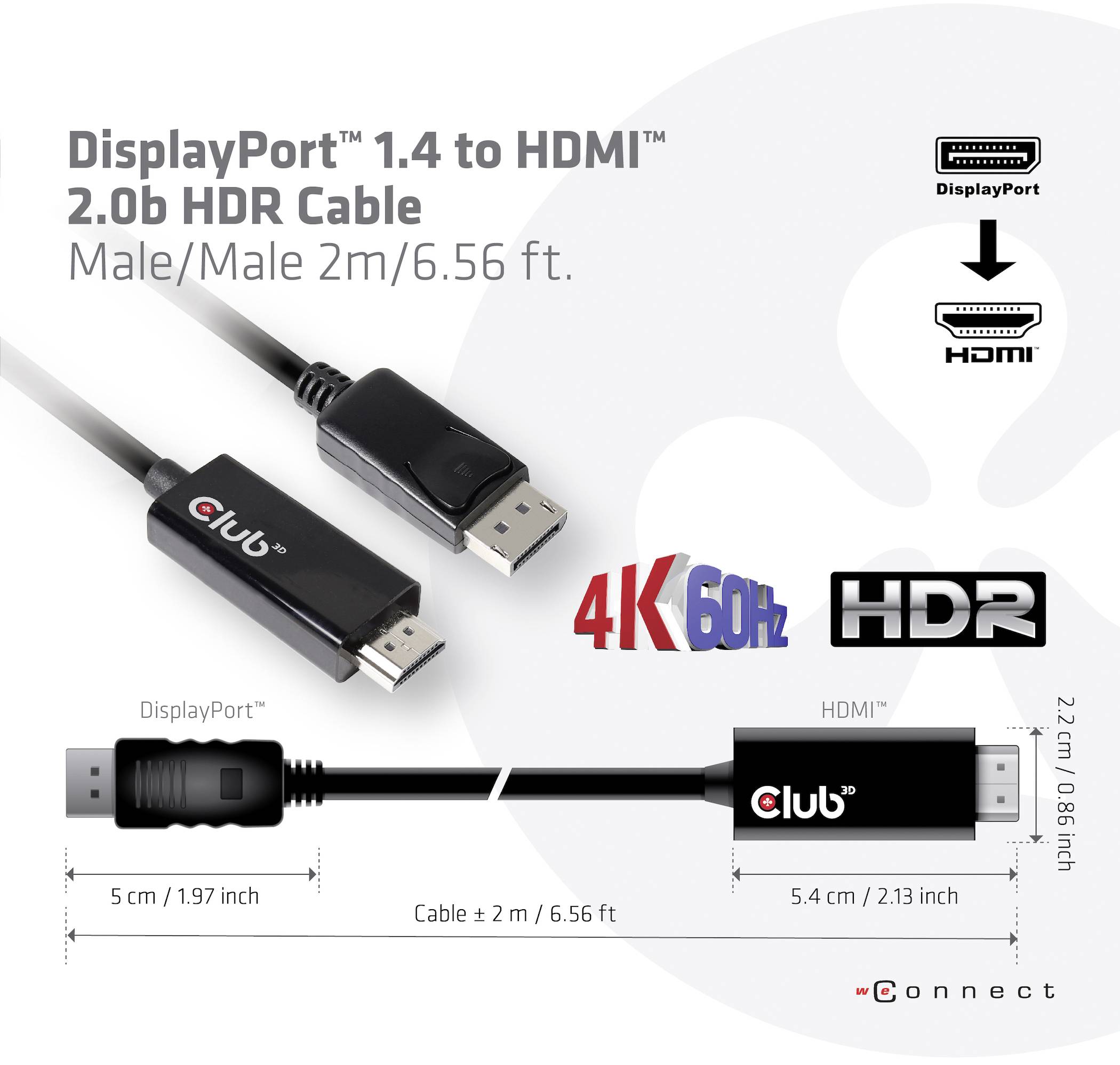 Câble DisplayPort 1.4 vers HDMI 2.0b HDR, 2 mètres, montrant le câble et les connecteurs avec indication '4K 60Hz' et 'HDR', dimensions incluses.