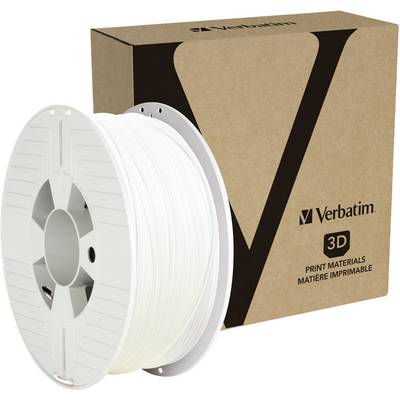 Rouleau de filament d'imprimante 3D blanc devant un emballage brun portant l'inscription « Verbatim 3D ».