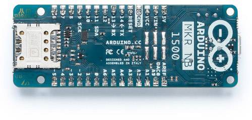 Carte de microcontrôleur Arduino MKR NB 1500 avec port micro-USB et différentes broches pour le bricolage et le développement.