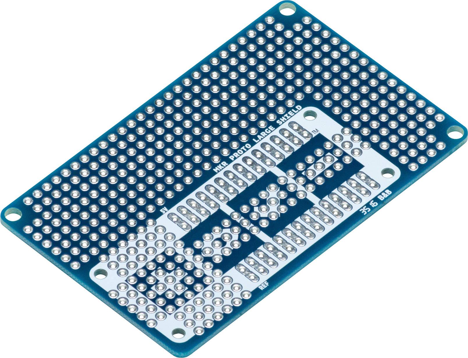 Une platine d'essai rectangulaire bleue avec de nombreux petits trous et des connexions en cuivre pour les circuits électroniques.