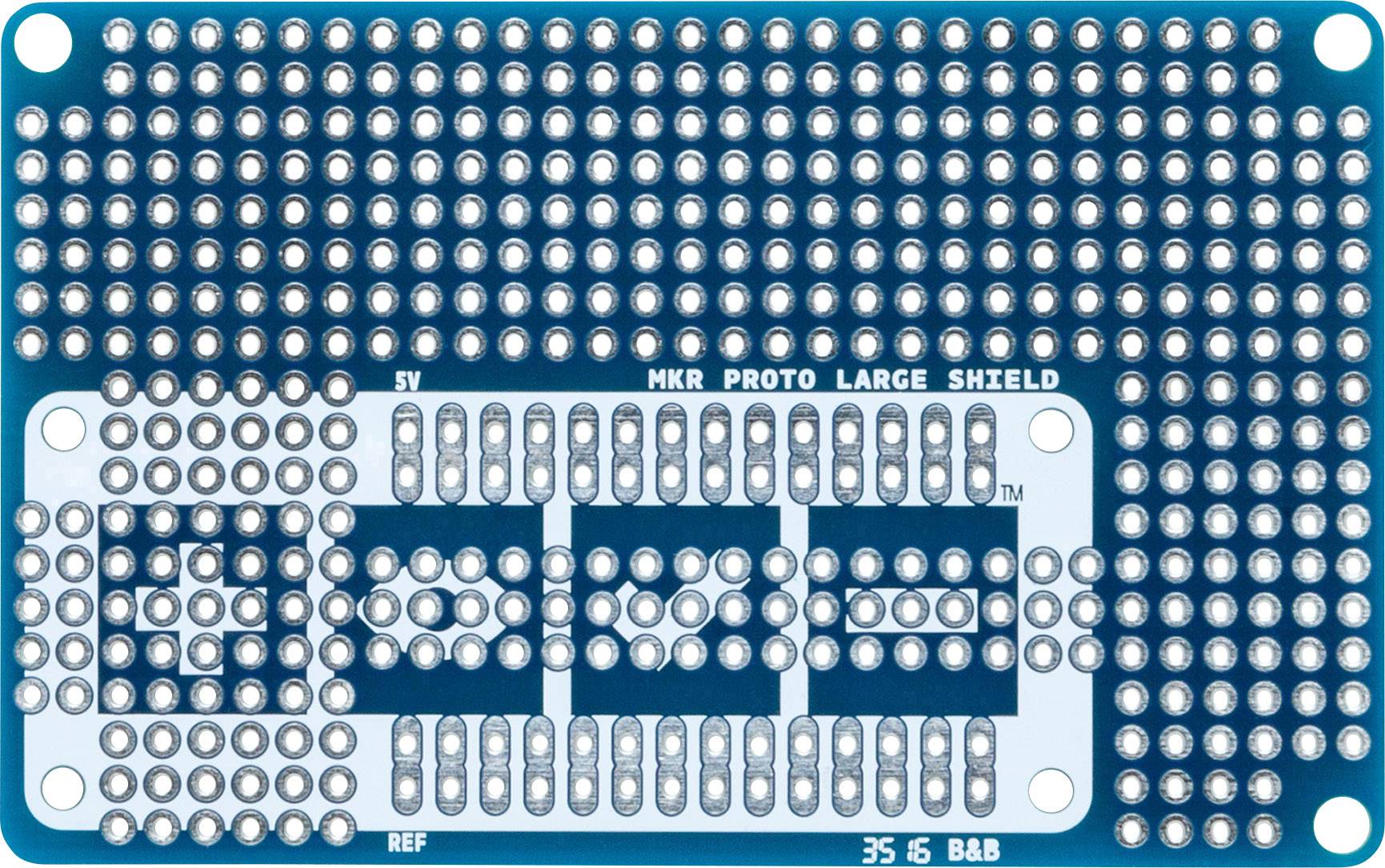 Bouclier bleu de circuit imprimé avec de nombreux points de soudure, marqué 'MKR Proto Large Shield'. Adapté pour le prototypage Arduino.