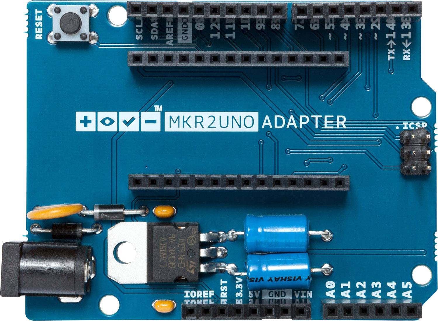 Carte de développement bleue avec plusieurs possibilités de connexion, étiquetée 'Adaptateur MKR2UNO', contenant des composants électroniques.