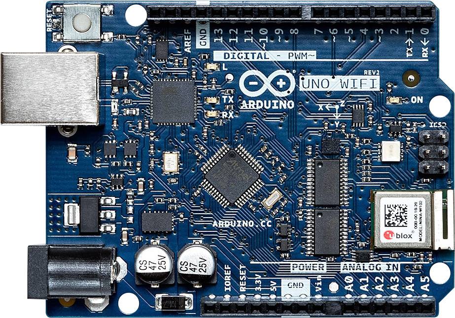 Carte Arduino Uno WiFi Rev2 avec microcontrôleur, broches numériques et analogiques. Port USB à gauche, module WiFi à droite.