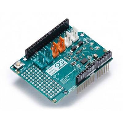 Une carte de bouclier Arduino verte avec différents connecteurs et composants électroniques sur un fond blanc.
