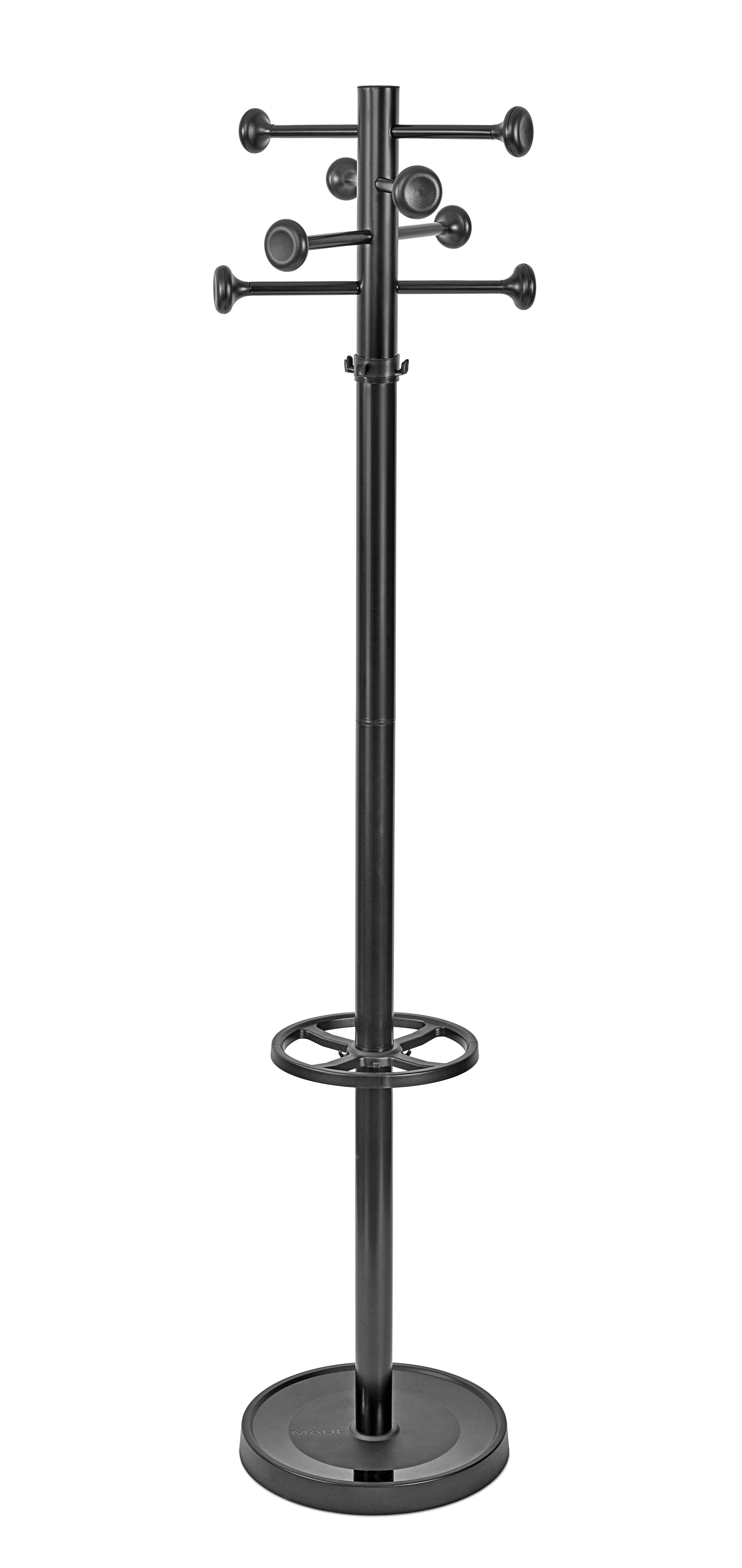 Portemanteau sur pied noir avec plusieurs crochets et porte-parapluie circulaire sur une base ronde.