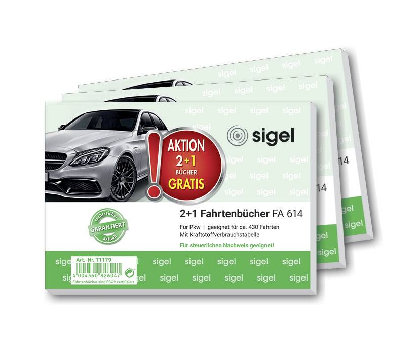Action : 2+1 livres gratuits. Trois pochettes de carnets de route vertes avec illustration de voiture ; convenant aux véhicules particuliers, justificatif fiscal.
