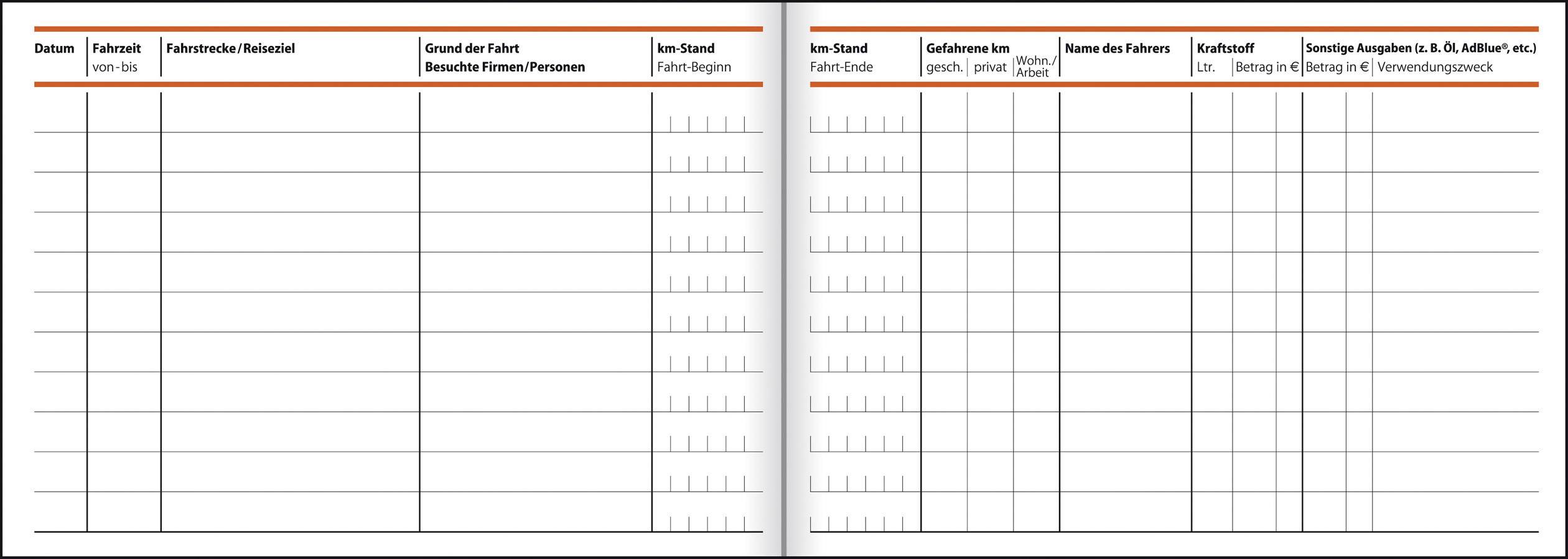Un carnet de bord avec des colonnes pour la date, le véhicule, le kilométrage, le motif du déplacement, les visites/entreprises, le nom du conducteur et la signature.