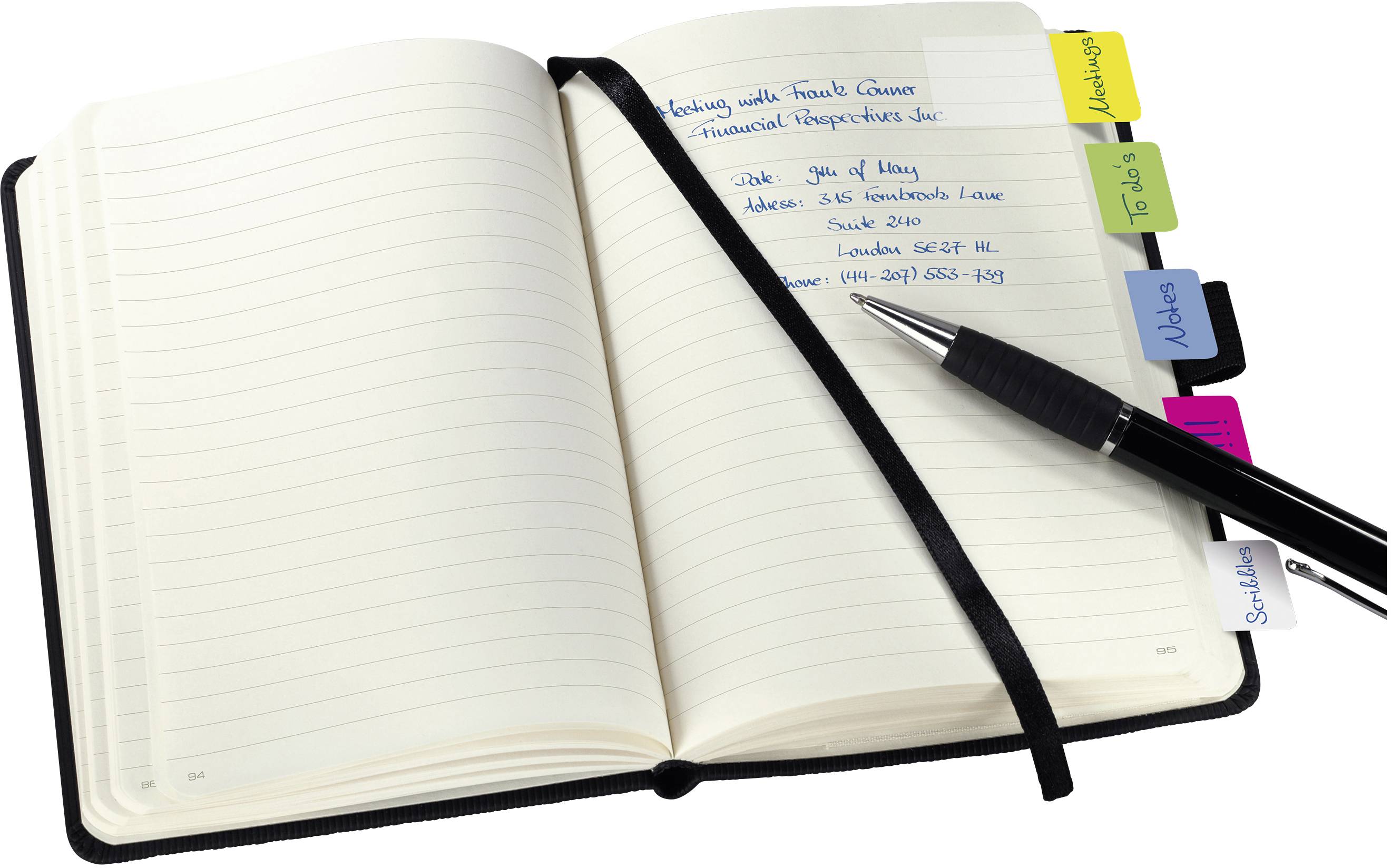 Un carnet ouvert avec des onglets pour 'À faire', 'Notes', 'Important' et 'Divers', à côté duquel repose un stylo noir.