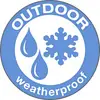Logo bleu circulaire avec un grand flocon de neige et deux gouttes d'eau. Texte en haut : « OUTDOOR », texte en bas : « weatherproof ».