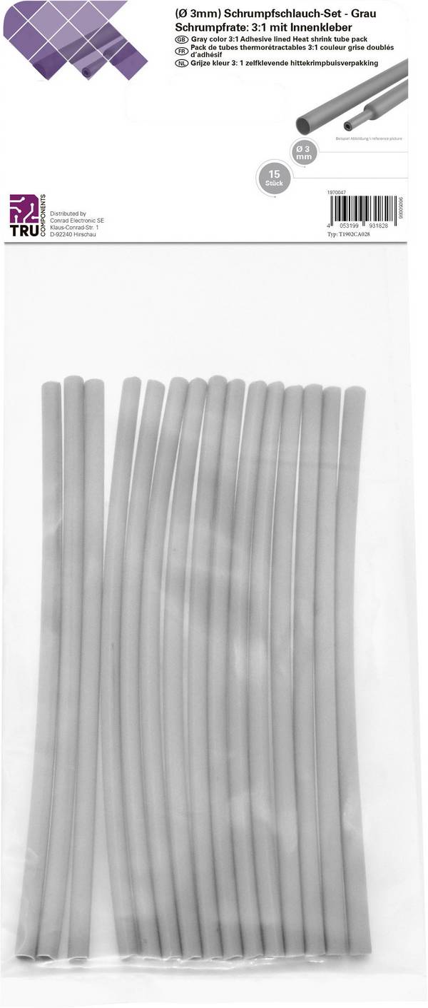 TRU COMPONENTS T1902CA028 Assortiment de gaines thermorétractables gris 3 mm 1 mm Taux de retreint:3:1 15 pc(s)