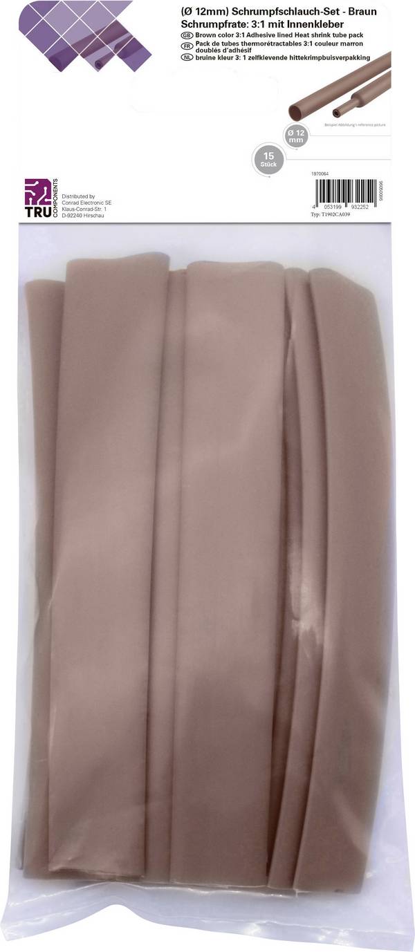 TRU COMPONENTS T1902CA039 Assortiment de gaines thermorétractables marron 12 mm 4 mm Taux de retreint:3:1 15 pc(s)