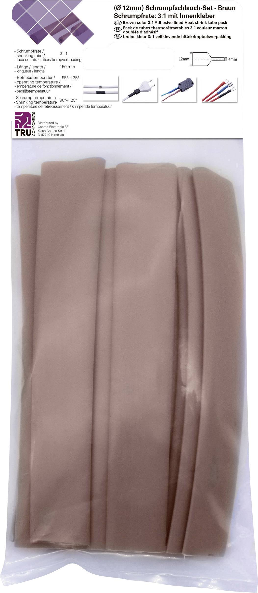 Lot de gaines thermorétractables marron, 10 pièces, 31 mm. Les illustrations en haut montrent différentes possibilités de rétrécissement et d'utilisation. Emballage de TRU Components.