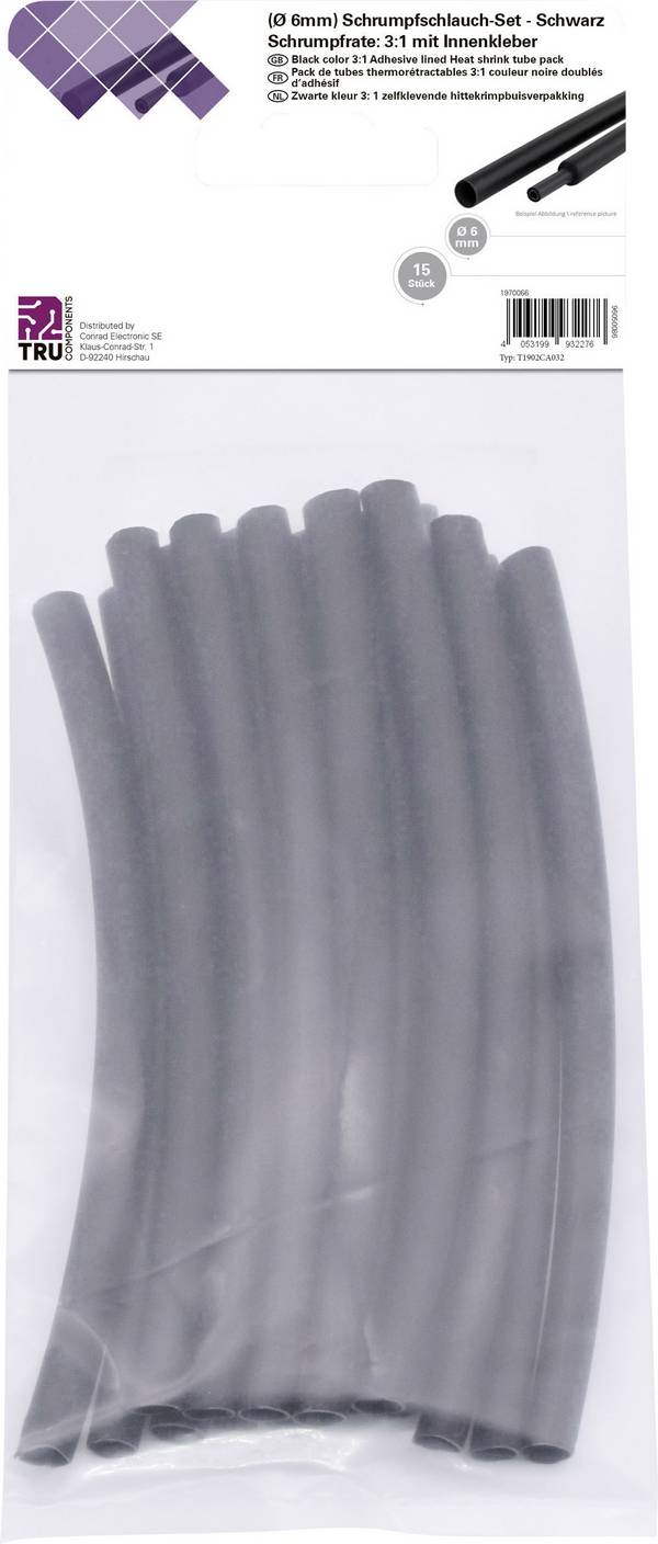 TRU COMPONENTS T1902CA032 Assortiment de gaines thermorétractables noir 6 mm 2 mm Taux de retreint:3:1 15 pc(s)
