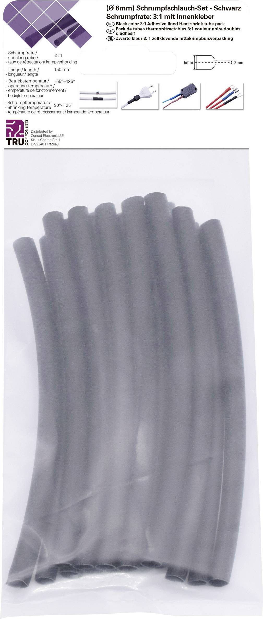 Ensemble de gaines thermoretractables, Noir, Ø 6 mm. Contient 3 m de gaines thermoretractables avec adhésif interne, idéal pour les connexions électriques.