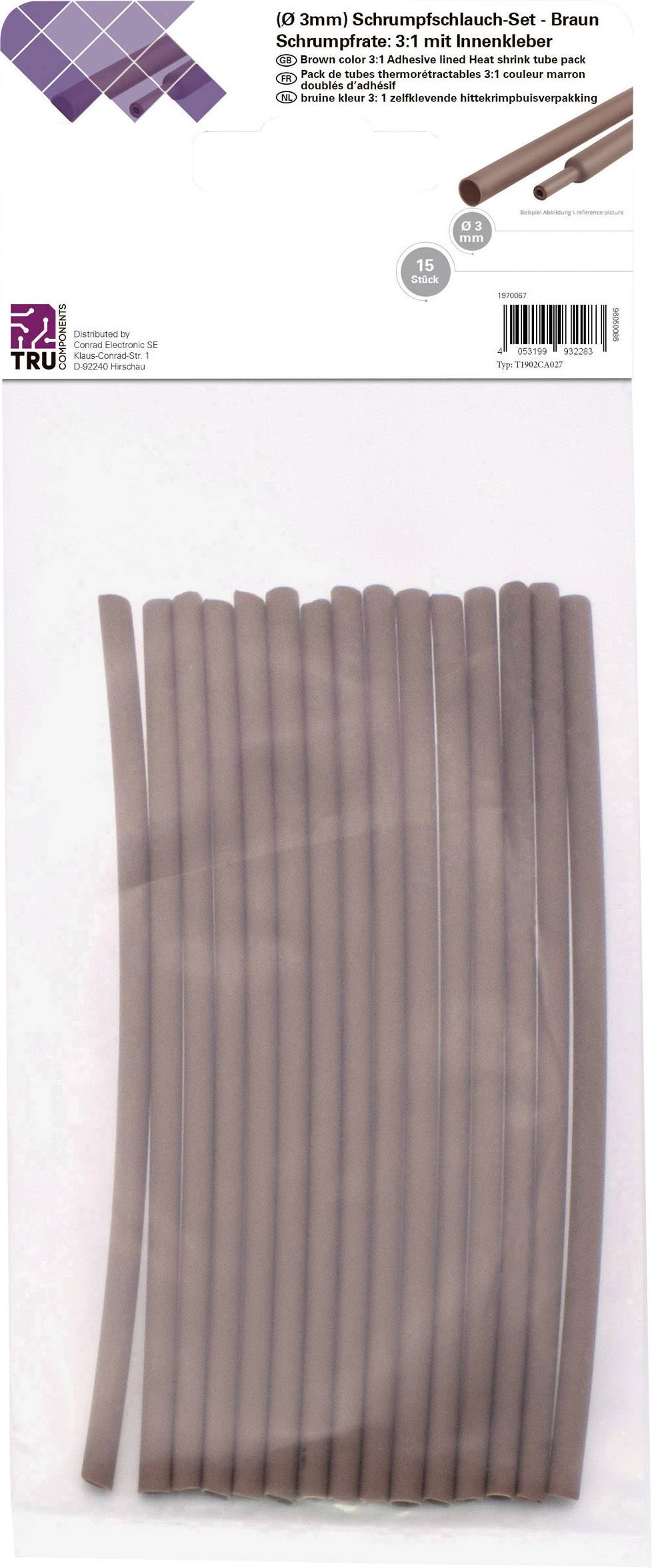 '(30 pièces) Ensemble de gaines thermorétractables - Marron, taux de rétraction 2:1 avec couche interne. Gaines de 15 cm de long. Logo du fabricant en haut à gauche.'