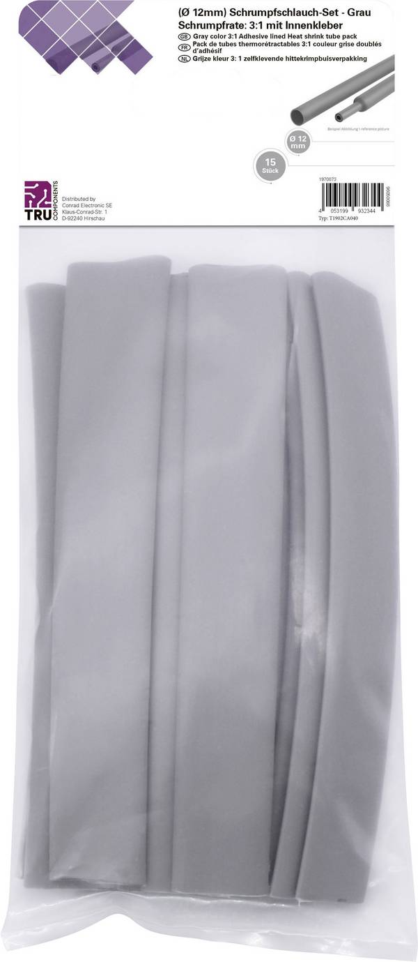 TRU COMPONENTS T1902CA040 Assortiment de gaines thermorétractables gris 12 mm 4 mm Taux de retreint:3:1 15 pc(s)