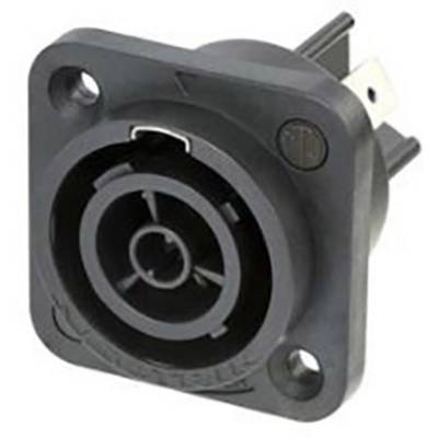Une boîte noire carrée avec un raccord circulaire sur un fond blanc. Elle dispose de deux trous de fixation.