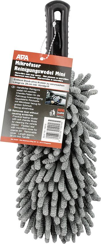 Un chiffon de nettoyage en microfibre gris avec une poignée noire, sur lequel est attachée une étiquette rouge contenant des informations sur le produit.