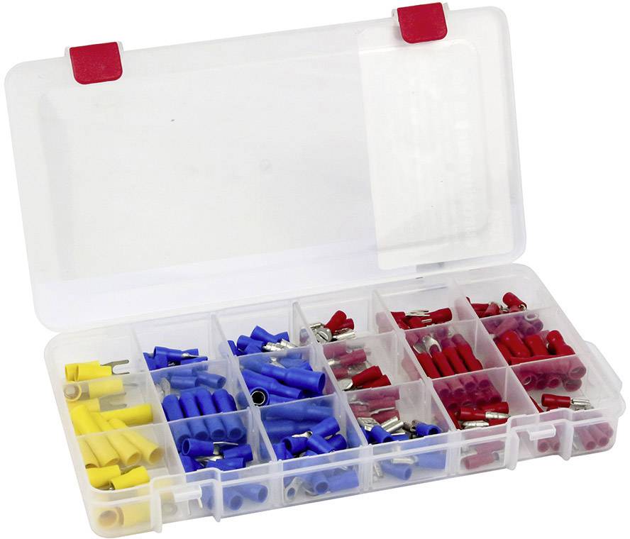 Un boîtier en plastique transparent avec différentes pinces de câble colorées : jaune, bleu et rouge, triées dans des compartiments.