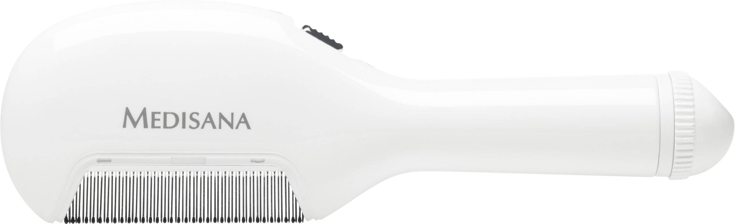Peigne électrique anti-poux blanc avec l'inscription 'Medisana' sur le côté. Le peigne est doté de fines dents en métal et est ergonomiquement conçu.