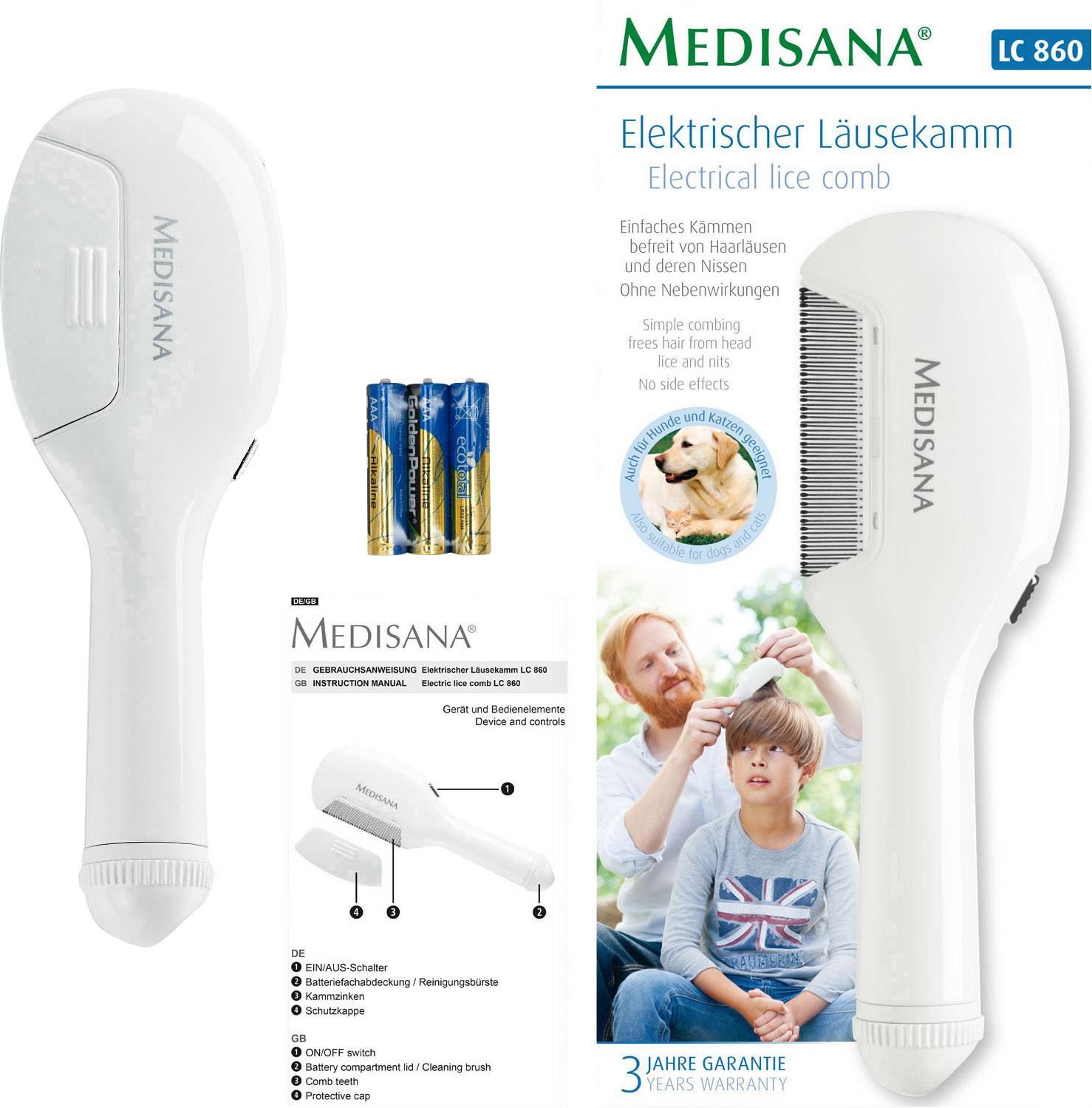 Peigne anti-poux électrique de Medisana : Appareil à batterie, adapté pour éliminer délicatement les poux de la tête. Comprend un mode d'emploi.