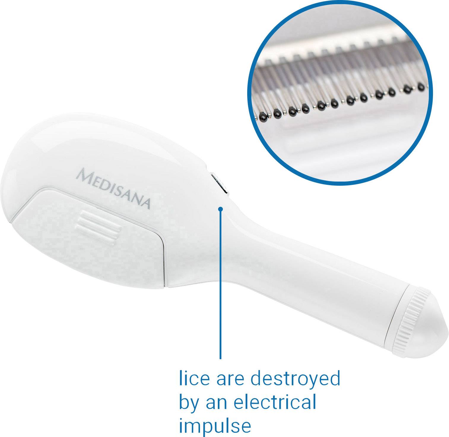 Peigne anti-poux électrique de la marque Medisana avec un gros plan sur les dents métalliques. Texte : 'Les poux sont détruits par une impulsion électrique'.