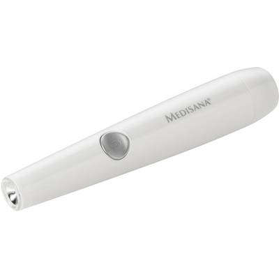 Laser portable blanc de la marque 'Medisana', présenté de côté avec un projecteur à son extrémité et un bouton-poussoir sur le côté.